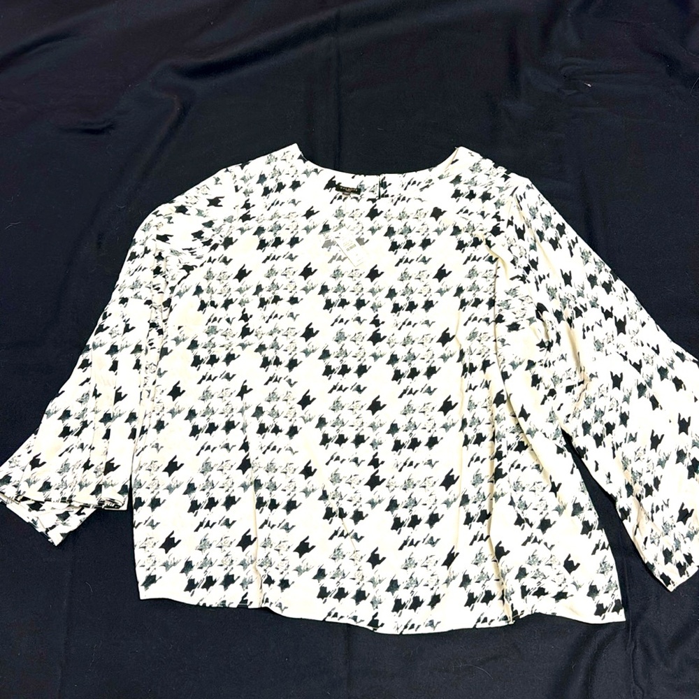Plus size Talbots blouse with gathered bell shaped sleeves.
